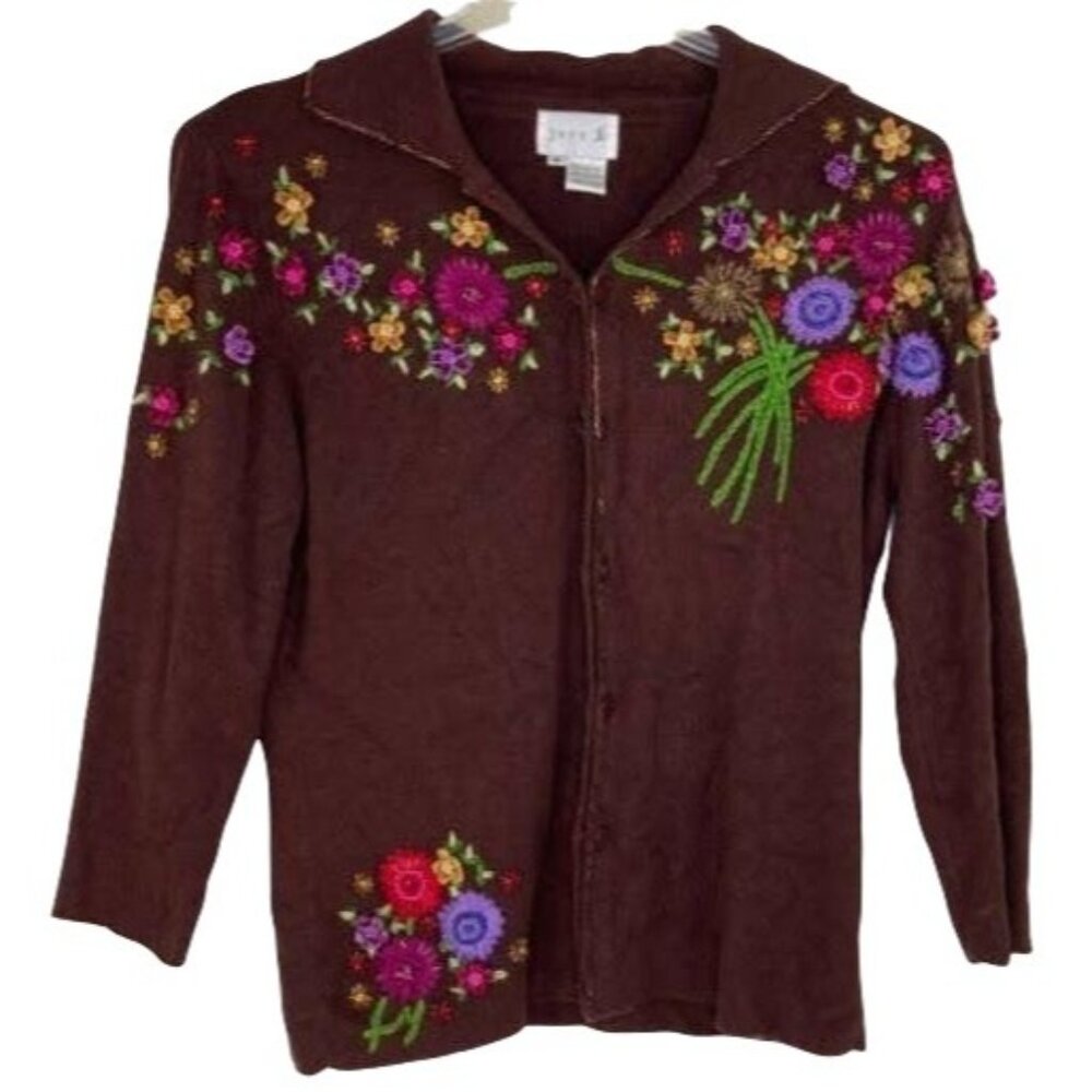 Vintage Just B Womens M Brown Front Button Sweater Floral Embroidery Collar